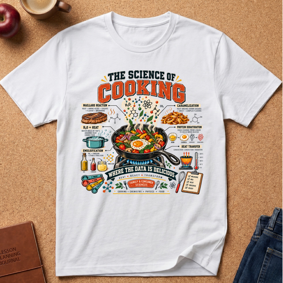 A white graphic t-shirt laid flat on a cork background, featuring a colorful infographic design titled 'THE SCIENCE OF COOKING' with illustrations of food, cookware, and cooking terms. Styled flat-lay props include an apple, a coffee cup, a notebook, and jeans.