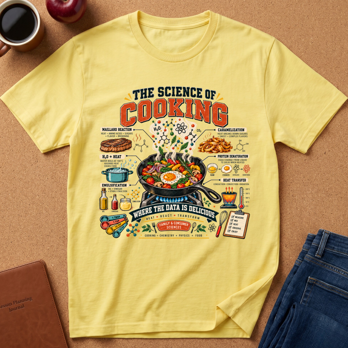 A light yellow graphic t-shirt laid flat on a brown cork surface, surrounded by lifestyle props including a coffee mug, an apple, a notebook, and blue jeans. The t-shirt features a detailed, colorful retro-style cooking infographic titled 'THE SCIENCE OF COOKING'.