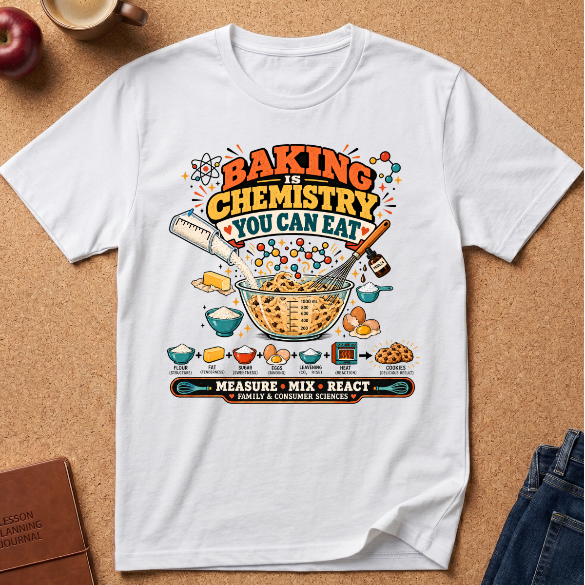 Wite graphic t-shirt laid flat on a cork background, styled with an apple, coffee cup, brown journal, and blue jeans. The t-shirt features a colorful retro-style graphic that reads 'BAKING IS CHEMISTRY YOU CAN EAT' with illustrations of baking ingredients and utensils.