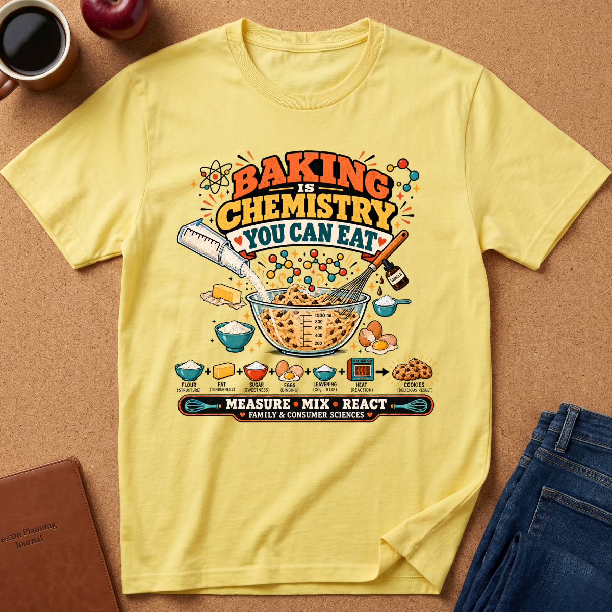 A yellow graphic t-shirt laid flat on a cork surface, surrounded by lifestyle props including a coffee mug, an apple, a notebook, and blue jeans. The t-shirt features a colorful retro-style graphic that reads 'BAKING IS CHEMISTRY YOU CAN EAT' with illustrations of baking ingredients and a mixing bowl.