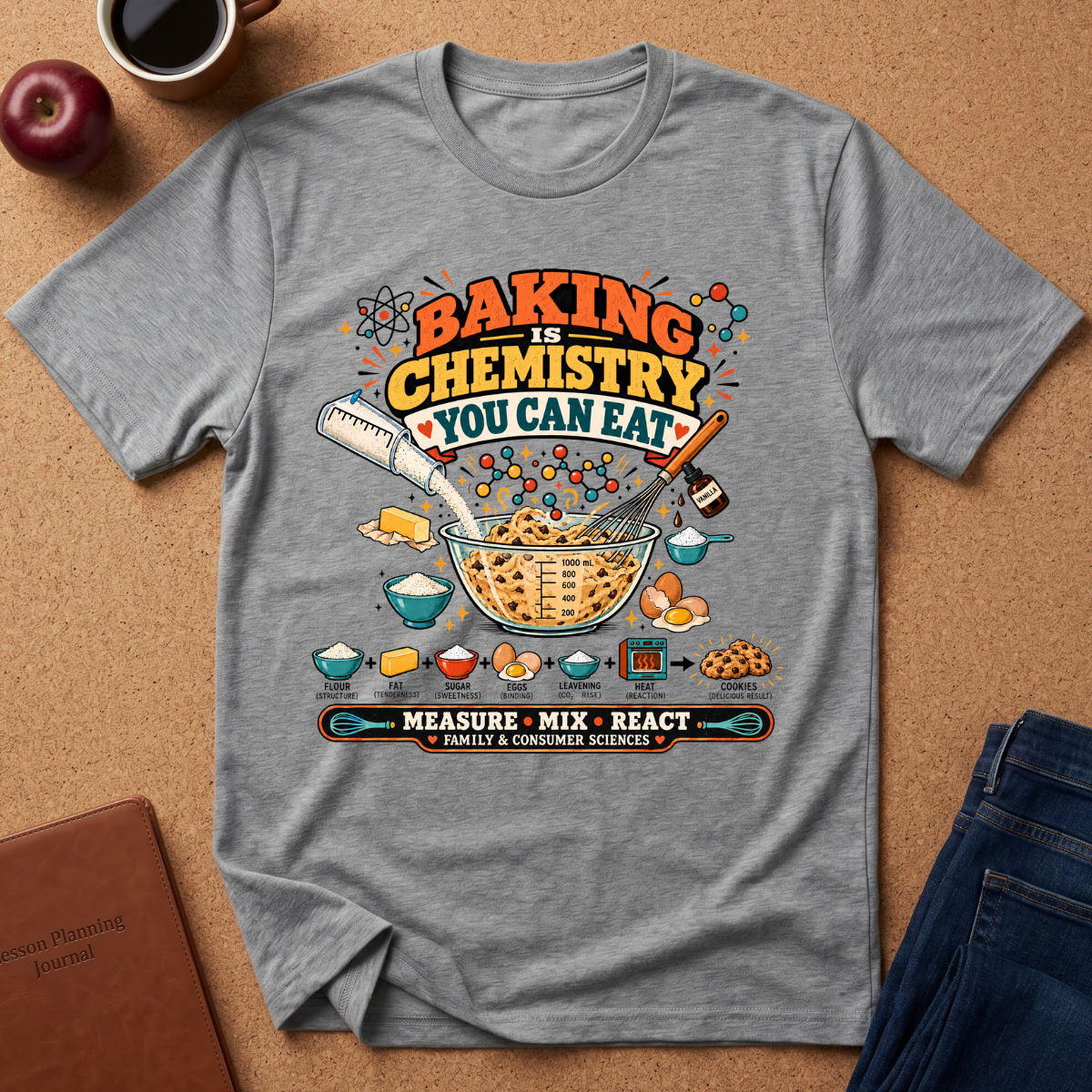 sports grey heather graphic t-shirt laid flat on a cork background, styled with an apple, coffee cup, brown journal, and blue jeans. The t-shirt features a colorful retro-style graphic that reads 'BAKING IS CHEMISTRY YOU CAN EAT' with illustrations of baking ingredients and utensils.
