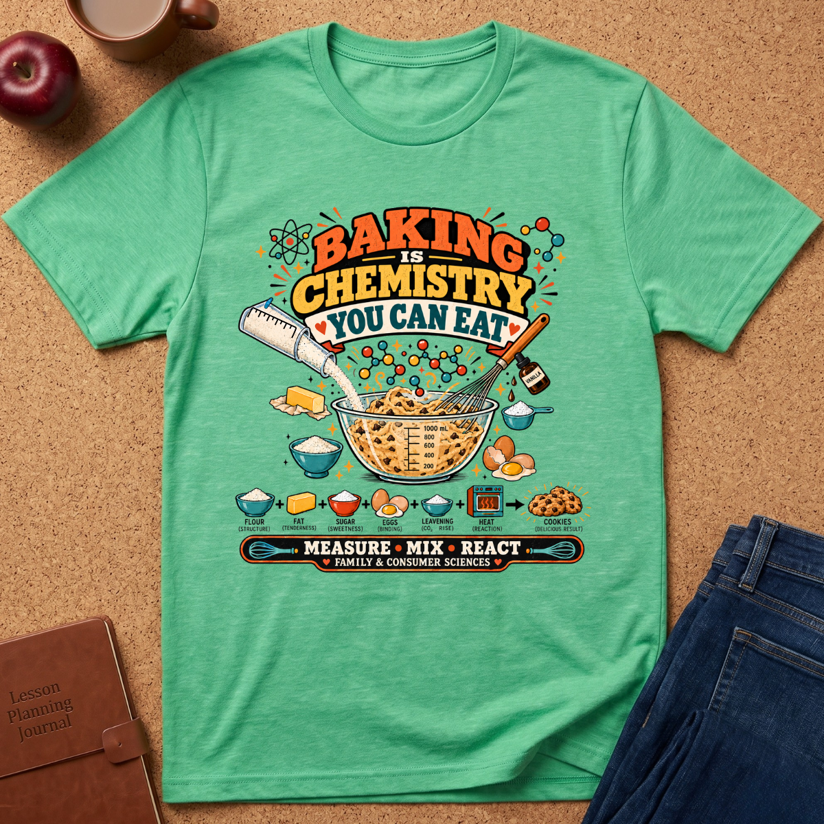 A mint green graphic t-shirt laid flat on a cork background, styled with an apple, coffee cup, brown journal, and blue jeans. The t-shirt features a colorful retro-style graphic that reads 'BAKING IS CHEMISTRY YOU CAN EAT' with illustrations of baking ingredients and utensils.