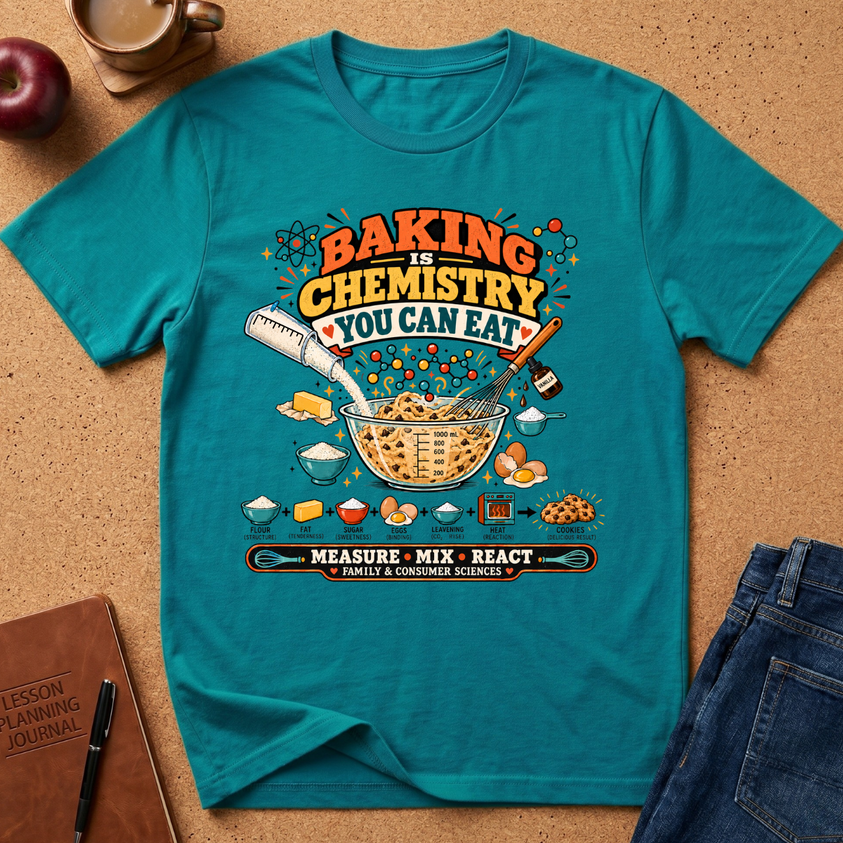 tropical blue graphic t-shirt laid flat on a cork background, styled with an apple, coffee cup, brown journal, and blue jeans. The t-shirt features a colorful retro-style graphic that reads 'BAKING IS CHEMISTRY YOU CAN EAT' with illustrations of baking ingredients and utensils.