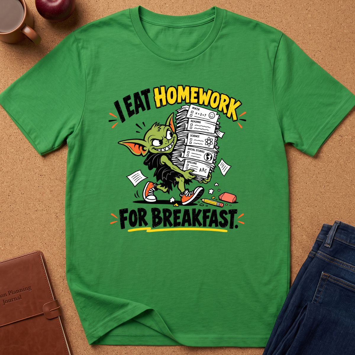 A green short-sleeve graphic T-shirt laid flat on a cork surface, featuring a cartoon green creature carrying a stack of papers with the text 'I EAT HOMEWORK FOR BREAKFAST.' Surrounding props include a brown notebook, an apple, a mug, and folded blue jeans.