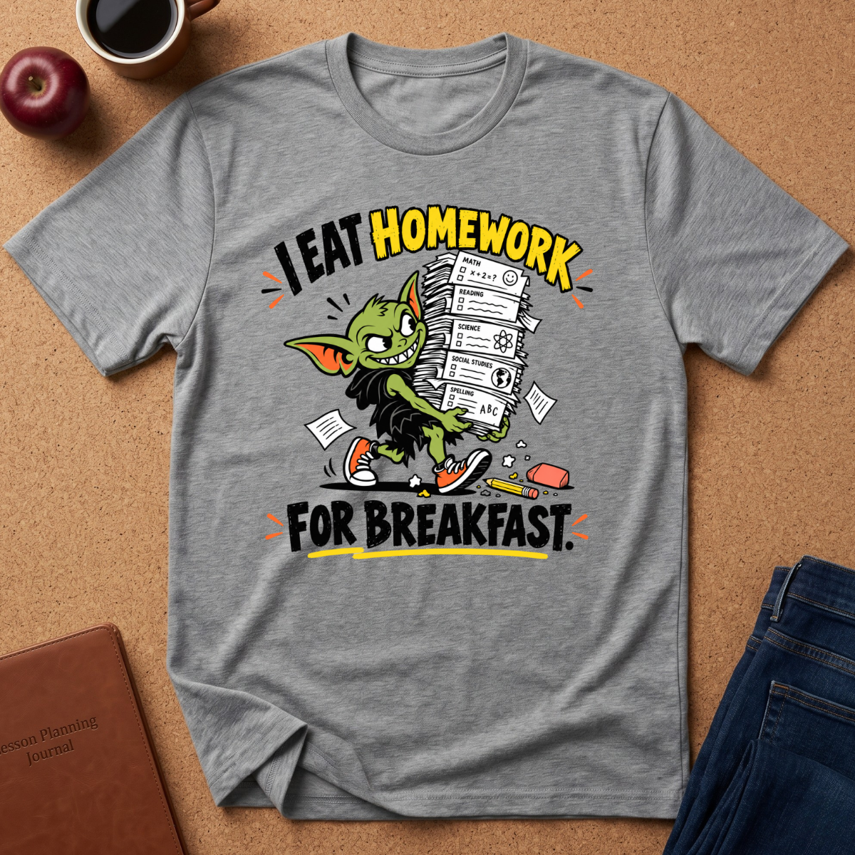 A heather gray graphic t-shirt laid flat on a cork background, featuring a cartoon green creature eating a stack of papers with the text 'I EAT HOMEWORK FOR BREAKFAST'. Surrounding props include a coffee cup, an apple, a notebook, and folded jeans.