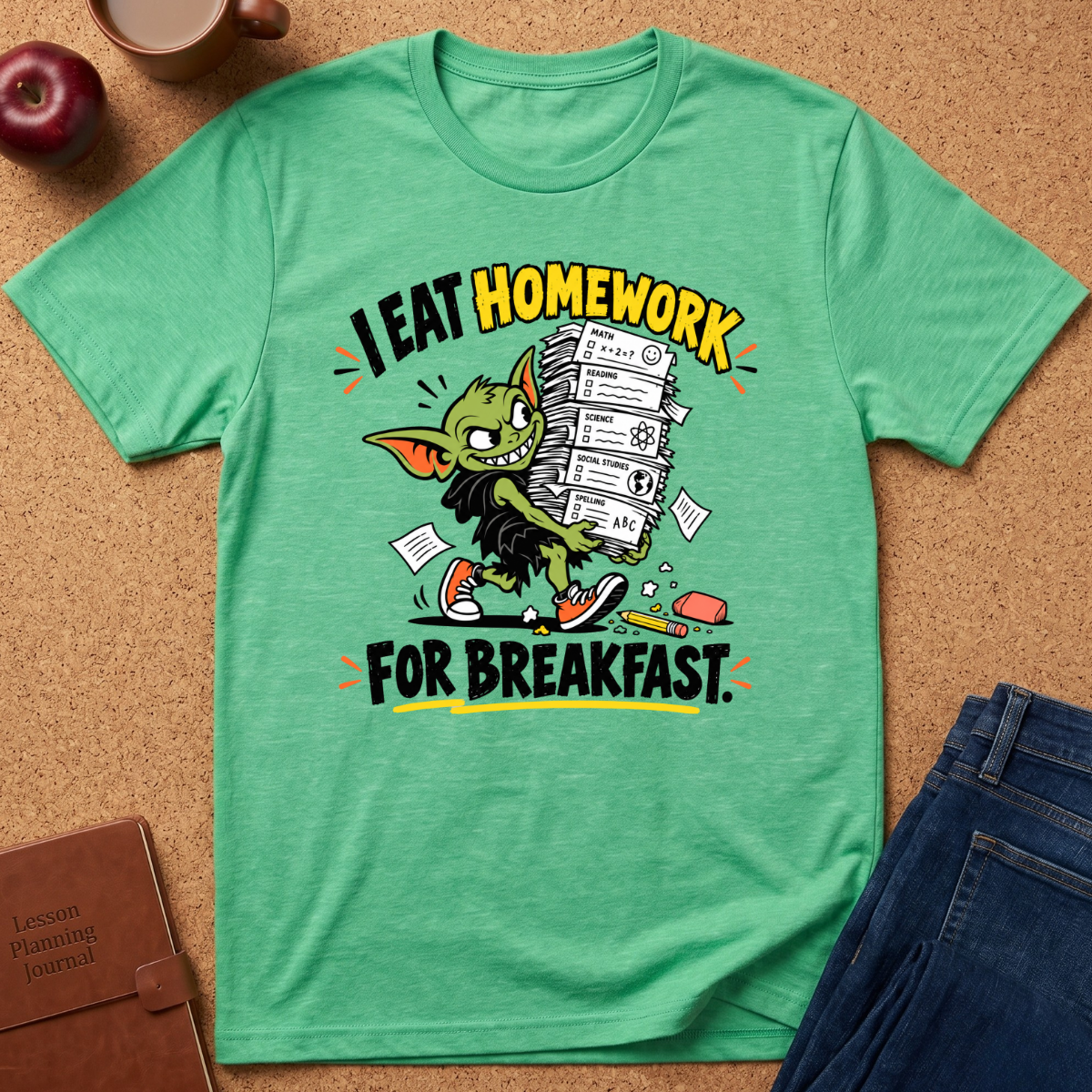 A green graphic t-shirt laid flat on a cork background, featuring a cartoon character eating a stack of homework with the text 'I EAT HOMEWORK FOR BREAKFAST'.