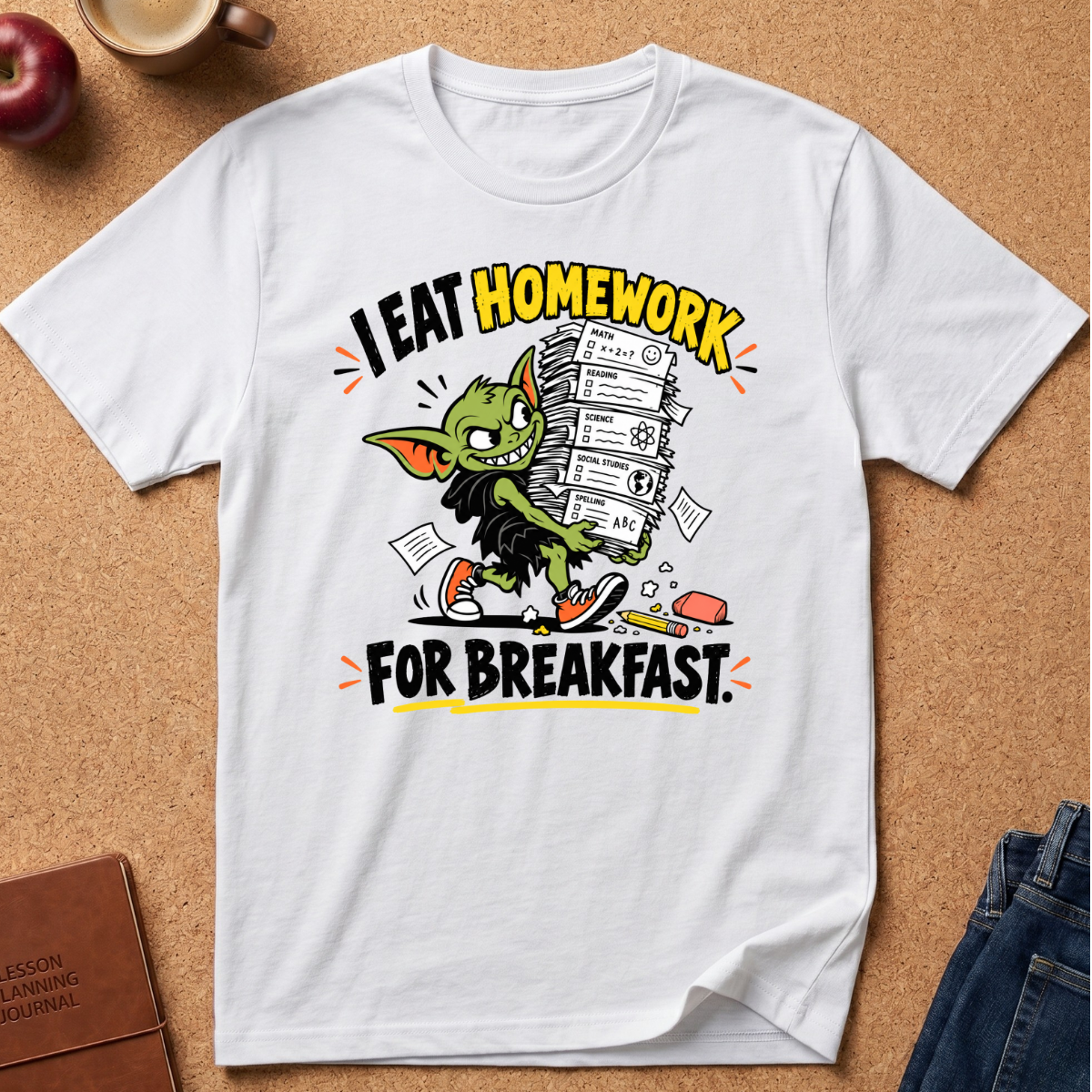 A white short-sleeve graphic T-shirt laid flat on a cork board background, featuring a cartoon goblin character eating a stack of homework with the text 'I EAT HOMEWORK FOR BREAKFAST.' Surrounding props include an apple, a mug, a journal, and folded jeans.