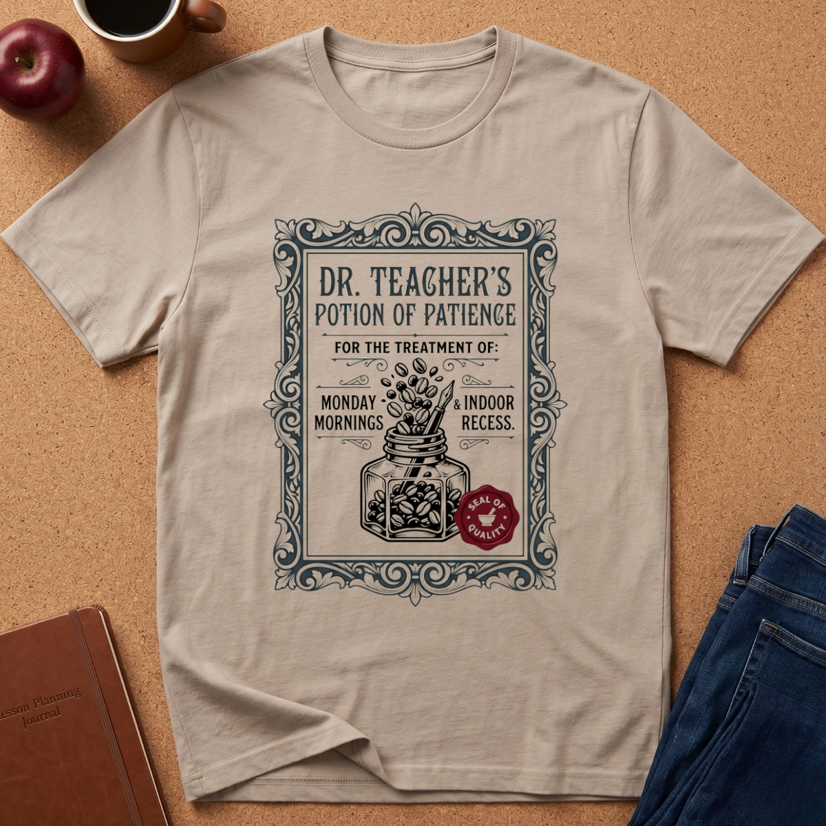 Sand tee with a vintage medicine bottle label showing a bottle of coffee beans, the title reads "Dr Teacher's Potion of paience for the treatment of Monday Mornings & Indoor recess."
