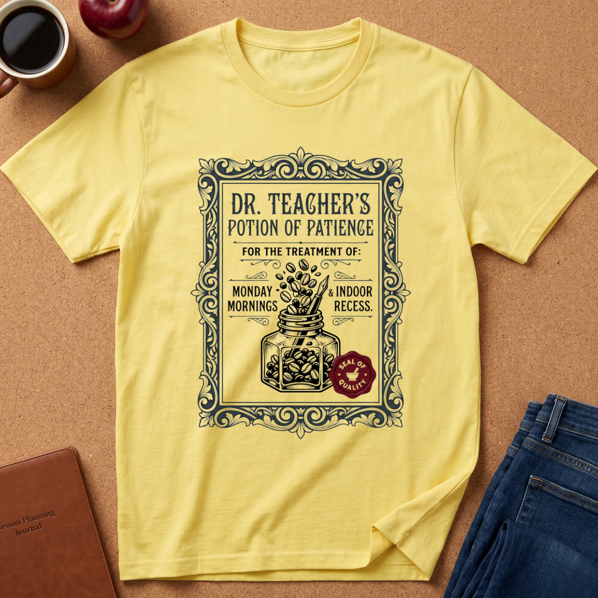 Cornsilk tee with a vintage medicine bottle label showing a bottle of coffee beans, the title reads "Dr Teacher's Potion of paience for the treatment of Monday Mornings & Indoor recess."