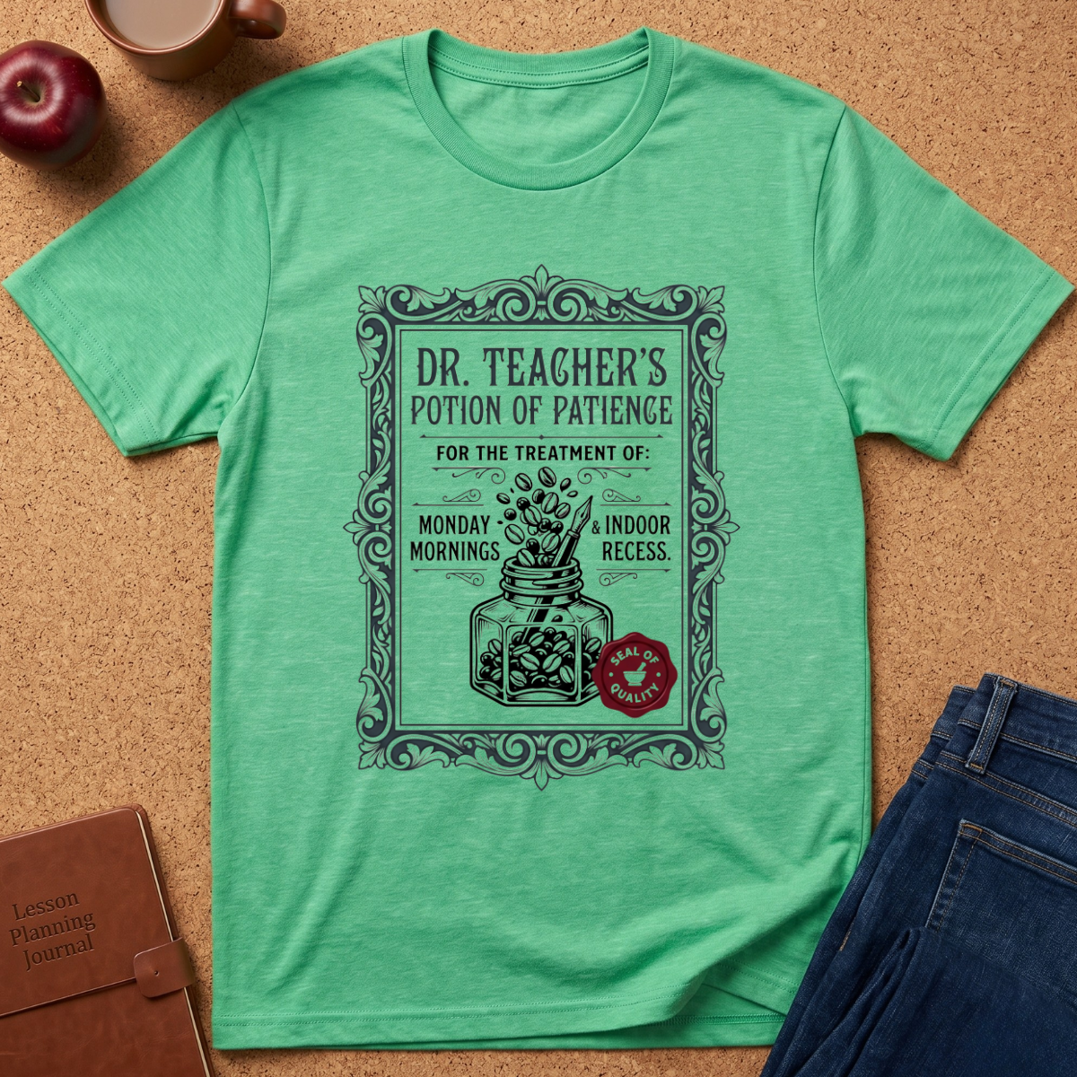 Hether Irish Green tee with a vintage medicine bottle label showing a bottle of coffee beans, the title reads "Dr Teacher's Potion of paience for the treatment of Monday Mornings & Indoor recess."