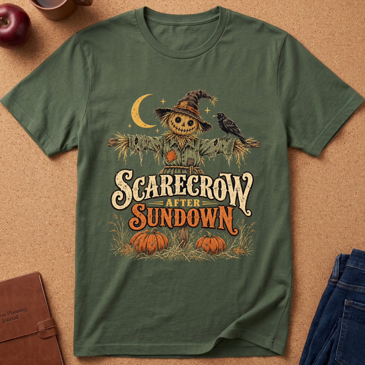 Military Green  t-shirt with a Scarecrow in a pumpkin patch the words say "Scarecrow After Sundown"