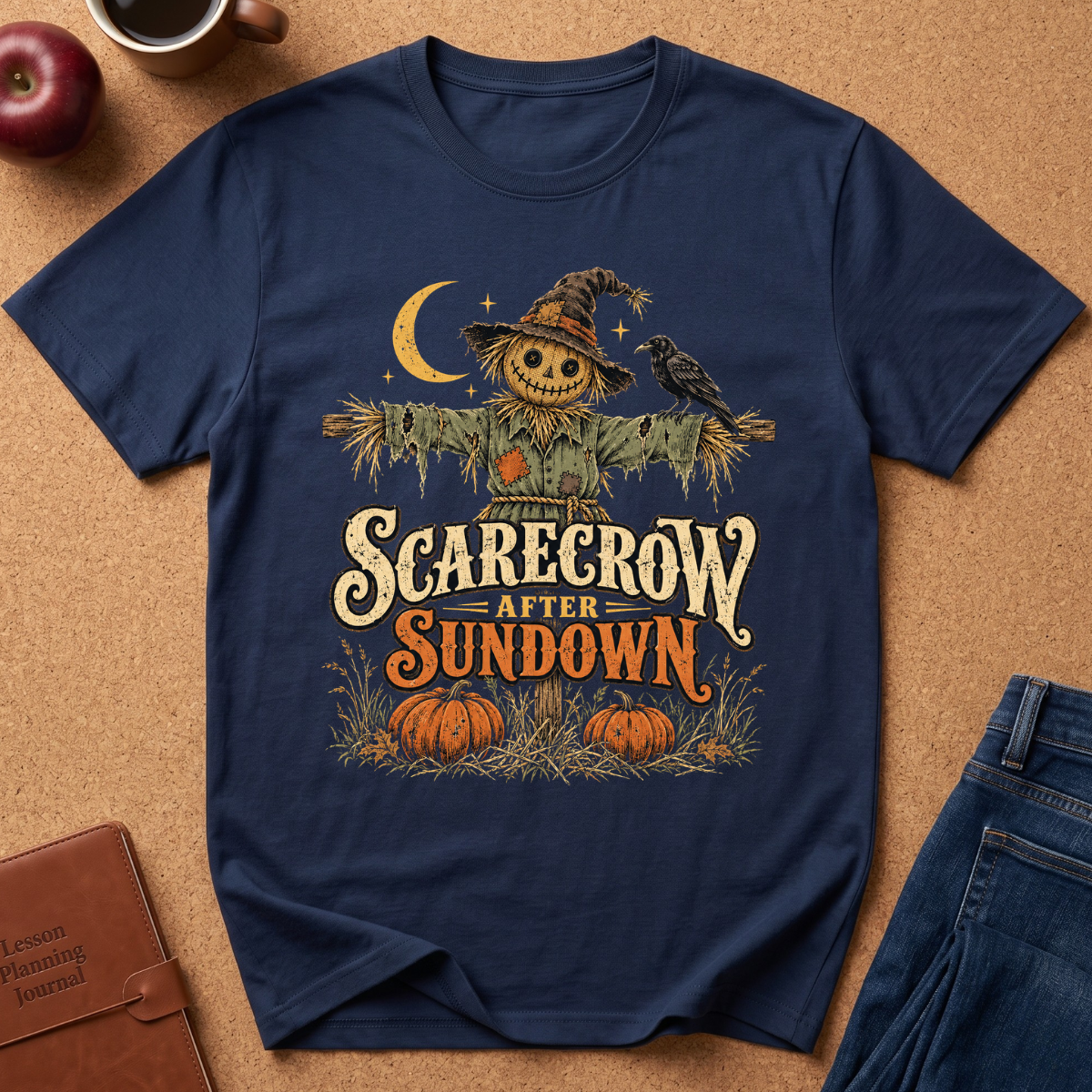 Navy blue  t-shirt with a Scarecrow in a pumpkin patch the words say "Scarecrow After Sundown"