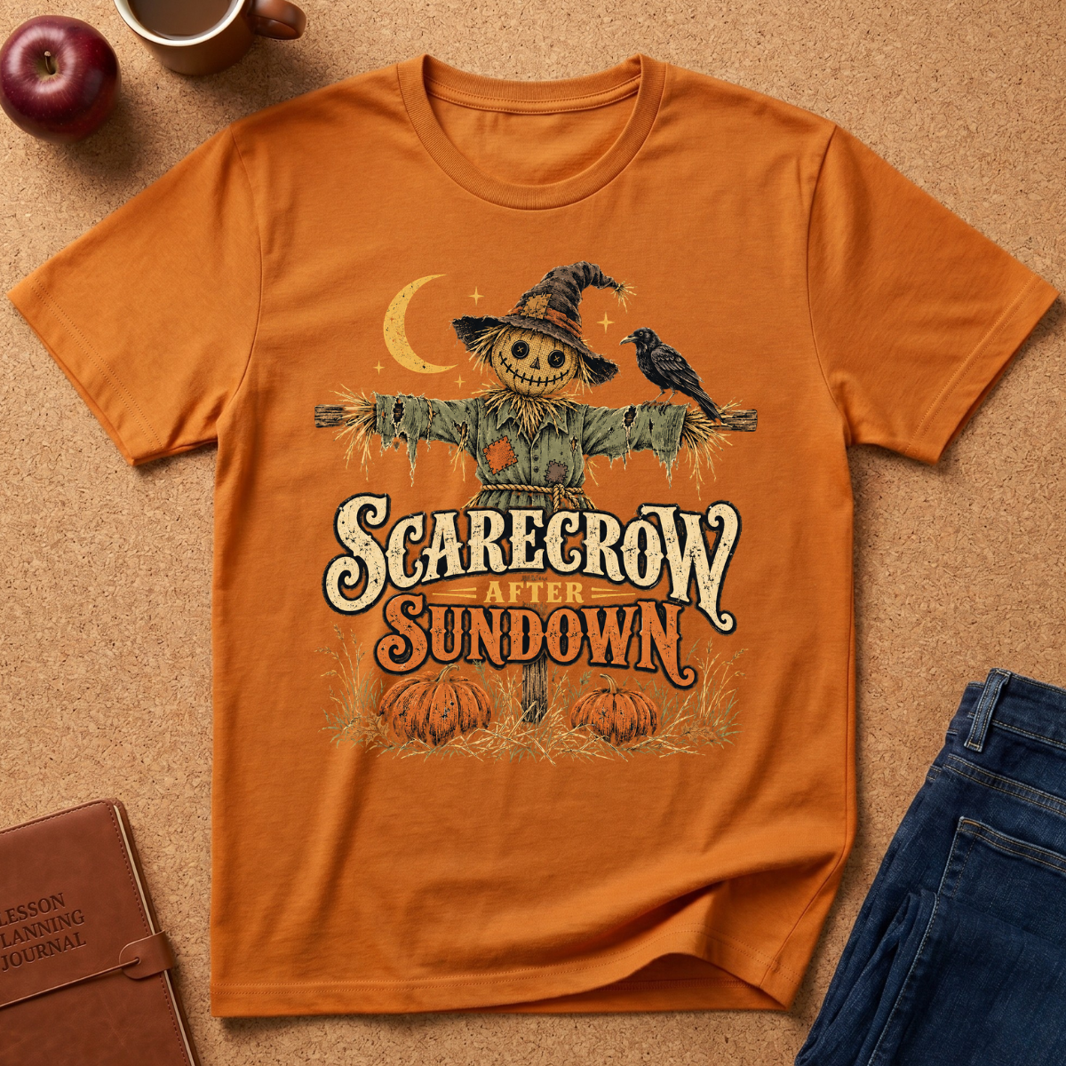 Orange  t-shirt with a Scarecrow in a pumpkin patch the words say "Scarecrow After Sundown"