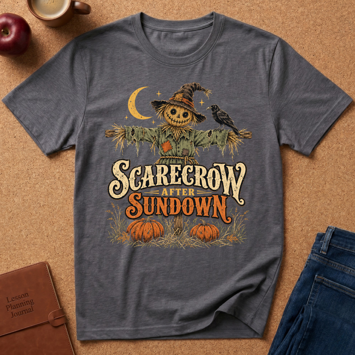 Heather grey  t-shirt with a Scarecrow in a pumpkin patch the words say "Scarecrow After Sundown"