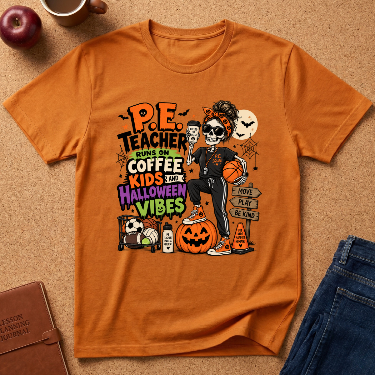 Halloween P.E. Teacher T-Shirt — "P.E. Teacher Runs on Coffee, Kids and Halloween Vibes"