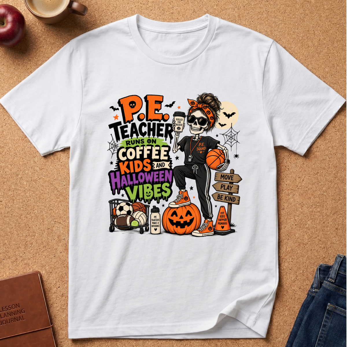 Halloween P.E. Teacher T-Shirt — "P.E. Teacher Runs on Coffee, Kids and Halloween Vibes"