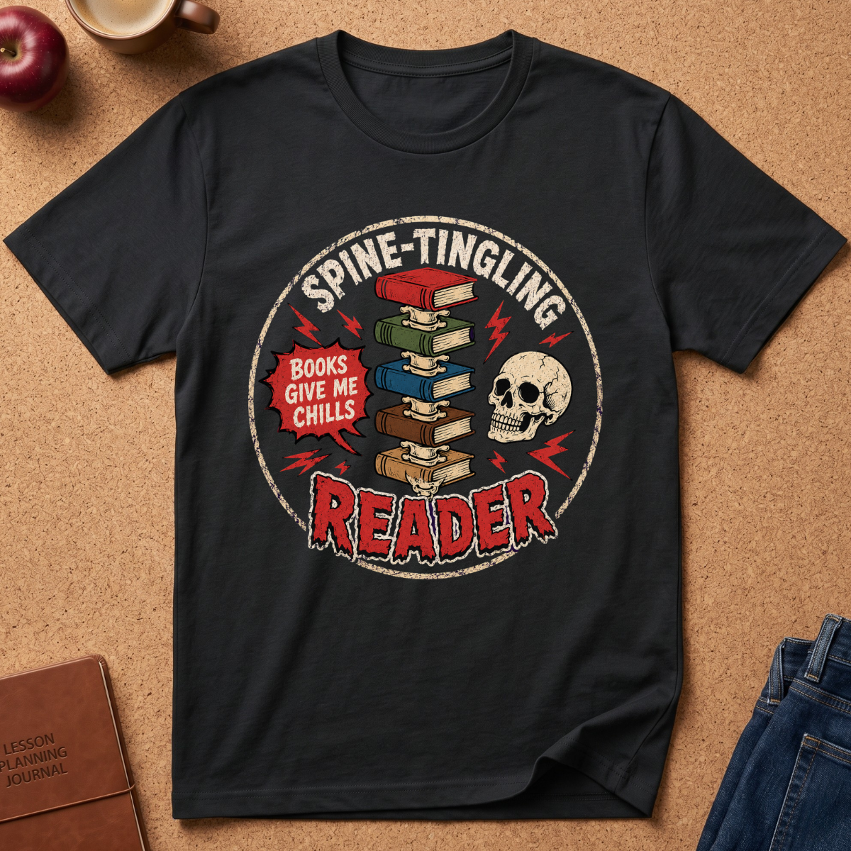 A black graphic t-shirt laid flat on a cork background, featuring a circular design with the words 'SPINE-TINGLING READER' and 'BOOKS GIVE ME CHILLS' around a stack of books, a skull, and red lightning accents. Styled flat-lay props include an apple, a coffee cup, a journal, and jeans.