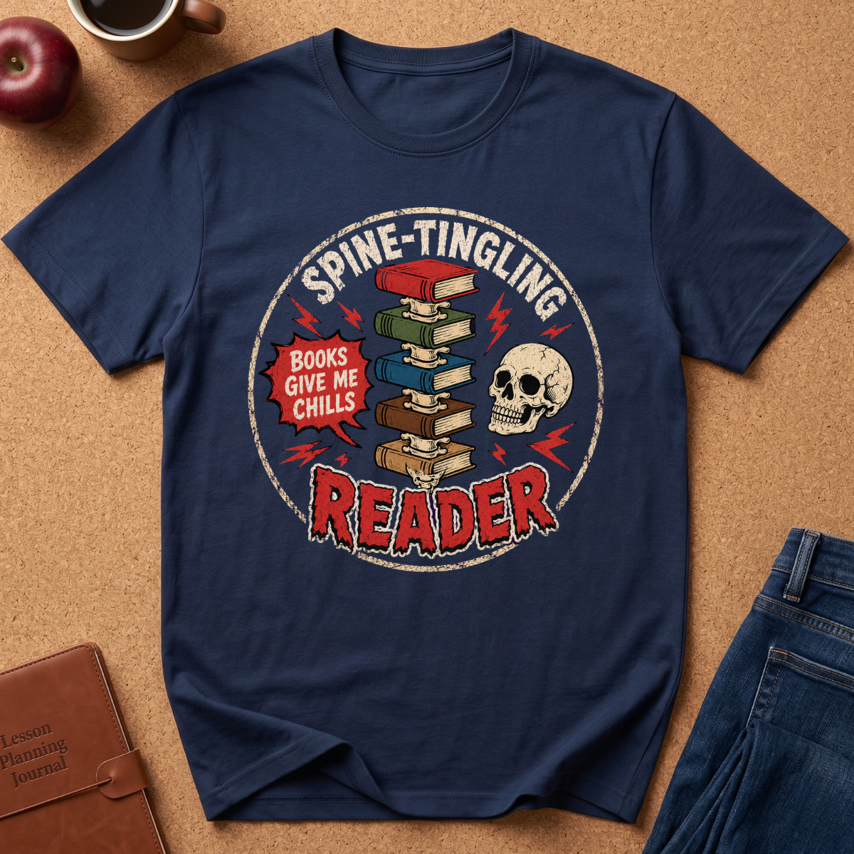 A navy blue graphic t-shirt laid flat on a cork background, featuring a circular 'Spine-Tingling Reader' design with a stack of books, a skull, and the phrase 'Books Give Me Chills'.