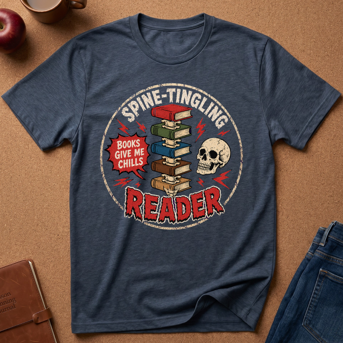 A navy blue graphic t-shirt laid flat on a brown cork background, featuring a circular 'Spine-Tingling Reader' design with a stack of books, a skull, and red text.