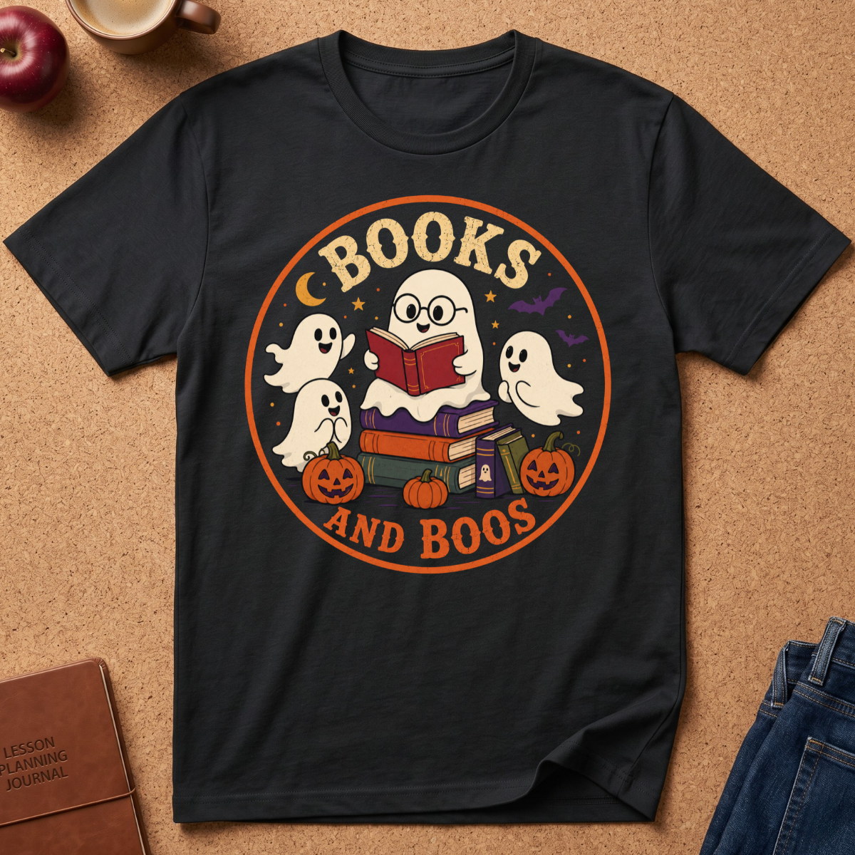 A black short-sleeve graphic T-shirt laid flat on a cork surface, featuring a circular Halloween-themed print with ghosts, books, pumpkins, and the words “BOOKS AND BOOS.” Styled flat-lay props include an apple, a mug, a journal, and jeans around the shirt.