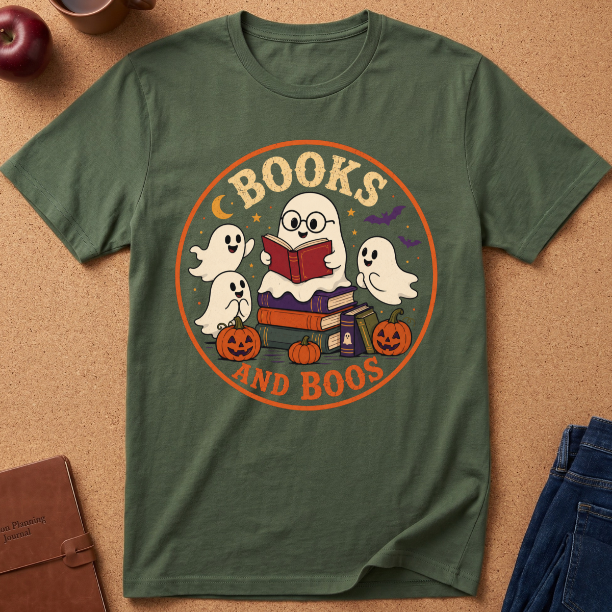 An olive green short-sleeve t-shirt with a retro Halloween graphic reading 'BOOKS AND BOOS' around cartoon ghosts, pumpkins, and books, laid flat on a cork background with a book, apple, and jeans nearby.