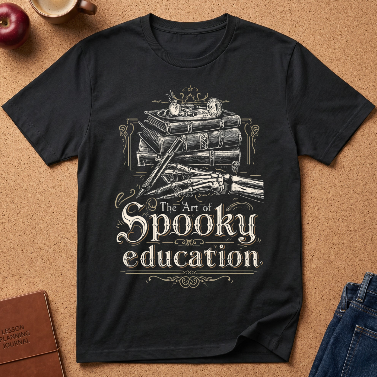 A black short-sleeve graphic T-shirt laid flat on a cork surface, featuring a white illustrated design of stacked books, a skull, bones, and the text 'The Art of Spooky education.' Surrounding props include an apple, a cup, a journal, and folded blue jeans.