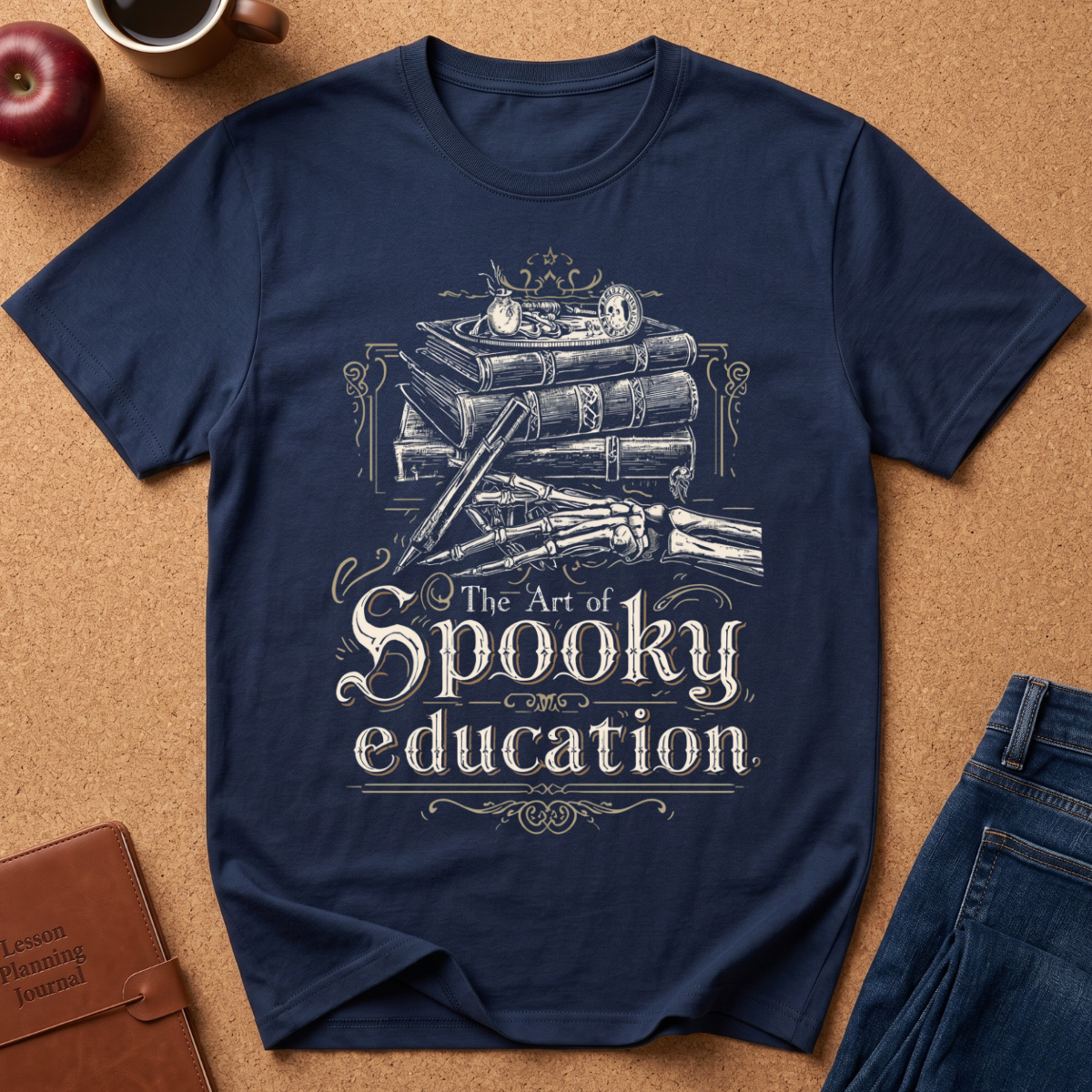A navy blue graphic t-shirt laid flat on a cork background, featuring a white illustration of books, skulls, and a skeletal hand with the text 'The Art of Spooky education'. The shirt is styled with a brown leather journal, an apple, and a cup in the corners.