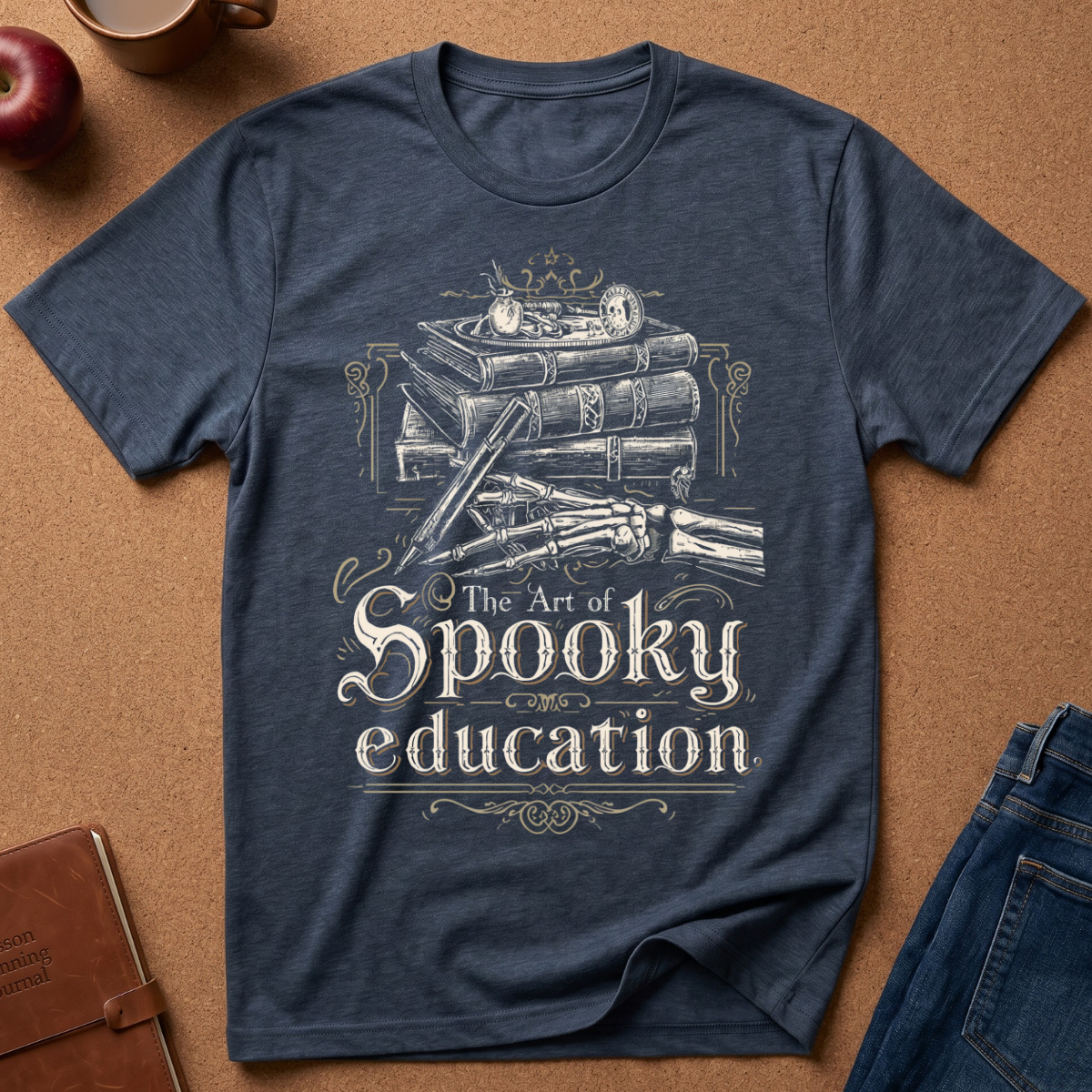 A navy blue heather graphic t-shirt laid flat on a brown cork background, surrounded by lifestyle props including an apple, a mug, a notebook, and jeans. The shirt features a white line-art graphic of old books, a skull, a skeleton hand holding a quill, and the text 'The Art of Spooky education'.