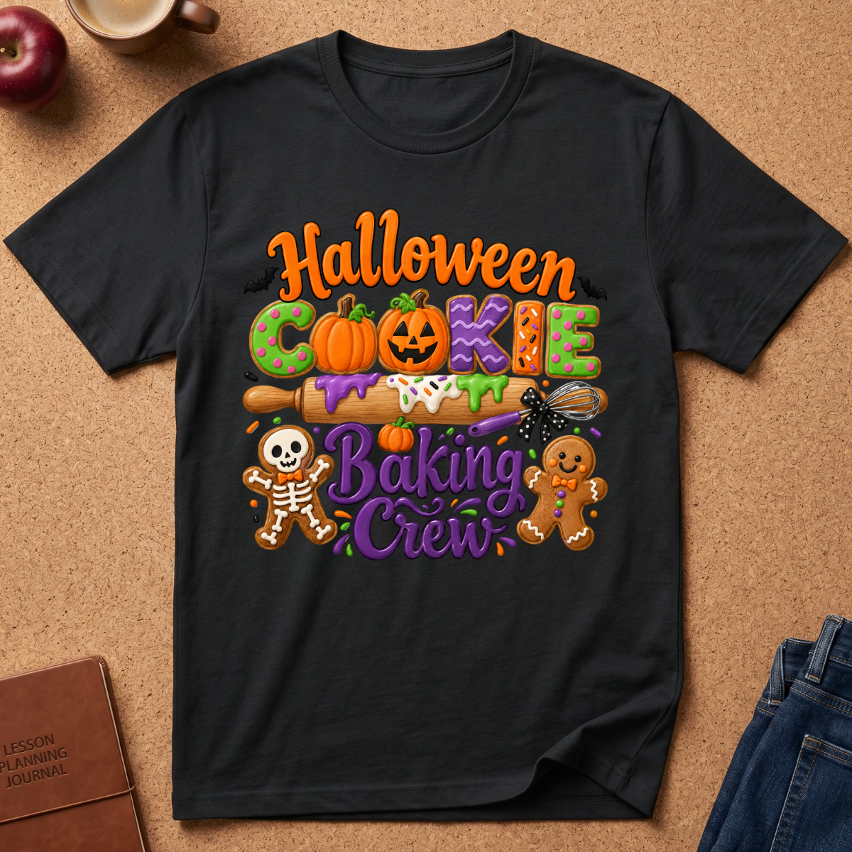 A black short-sleeve graphic T-shirt laid flat on a cork-like surface, featuring colorful Halloween cookie baking artwork with the words 'Halloween Cookie Baking Crew' and illustrations of a pumpkin, ghosts, a rolling pin, and gingerbread figures. Partial props including an apple, a mug, a journal, and jeans are visible around the shirt.