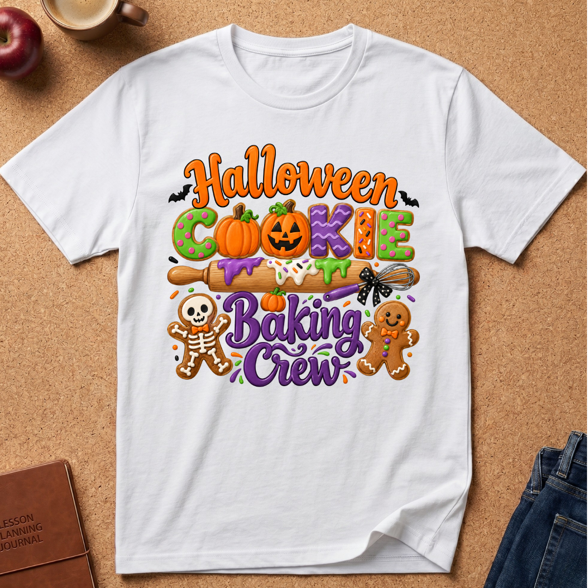 A white short-sleeve T-shirt laid flat on a cork background, featuring a colorful Halloween cookie baking graphic with the words 'Halloween Cookie Baking Crew,' a jack-o'-lantern, gingerbread cookies, a skeleton, and a rolling pin.