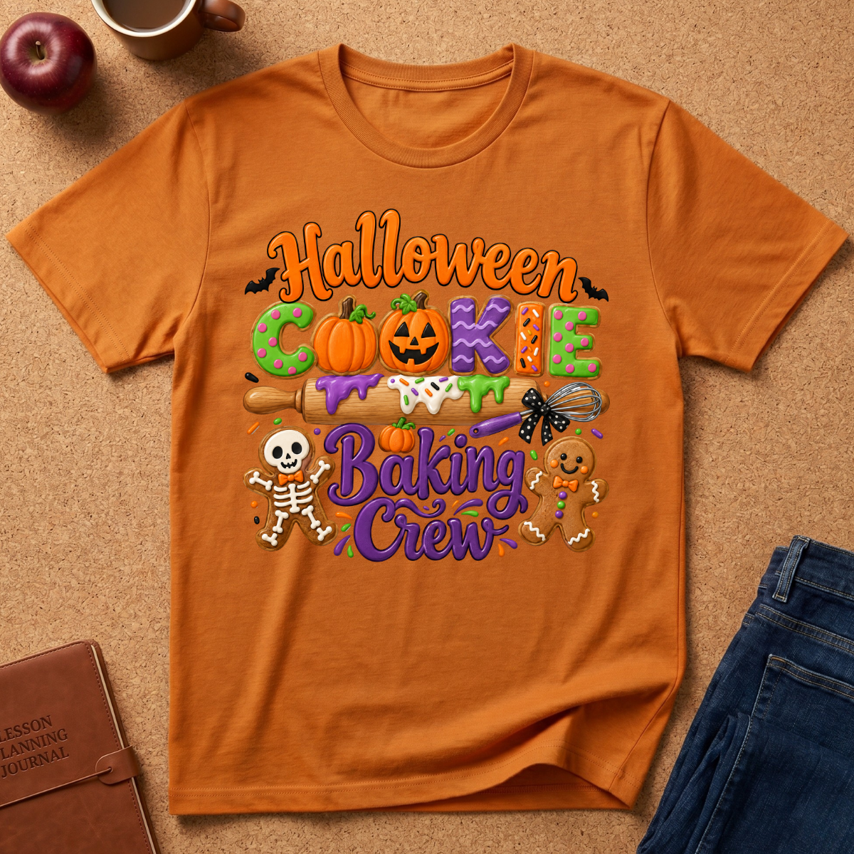 An orange graphic t-shirt laid flat on a cork surface, featuring a colorful 'Halloween Cookie Baking Crew' design with pumpkins, skeletons, and candy. Styled flat-lay props include an apple, a coffee mug, a brown journal, and blue jeans.