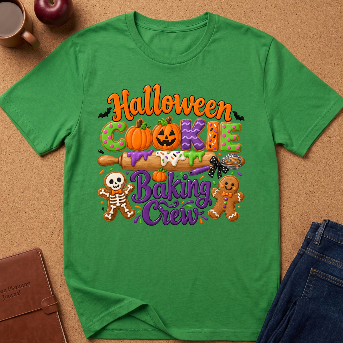 A green short-sleeve crewneck t-shirt with a colorful 'Halloween Cookie Baking Crew' graphic, laid flat on a brown cork background with lifestyle props including a coffee mug, an apple, a journal, and jeans.