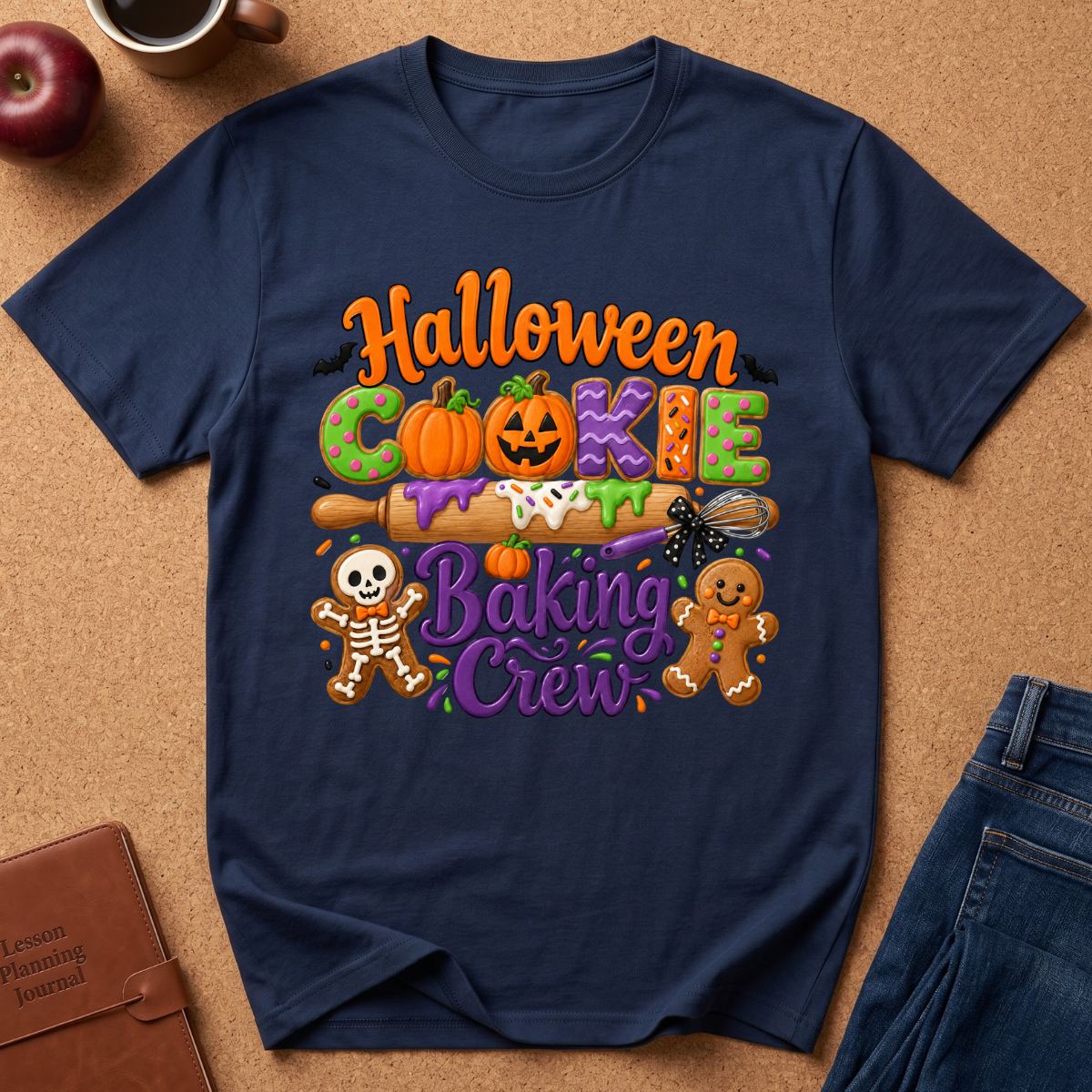 A navy blue short-sleeve t-shirt with a colorful 'Halloween Cookie Baking Crew' graphic, laid flat on a brown cork background with lifestyle props including an apple, a coffee cup, a journal, and jeans.