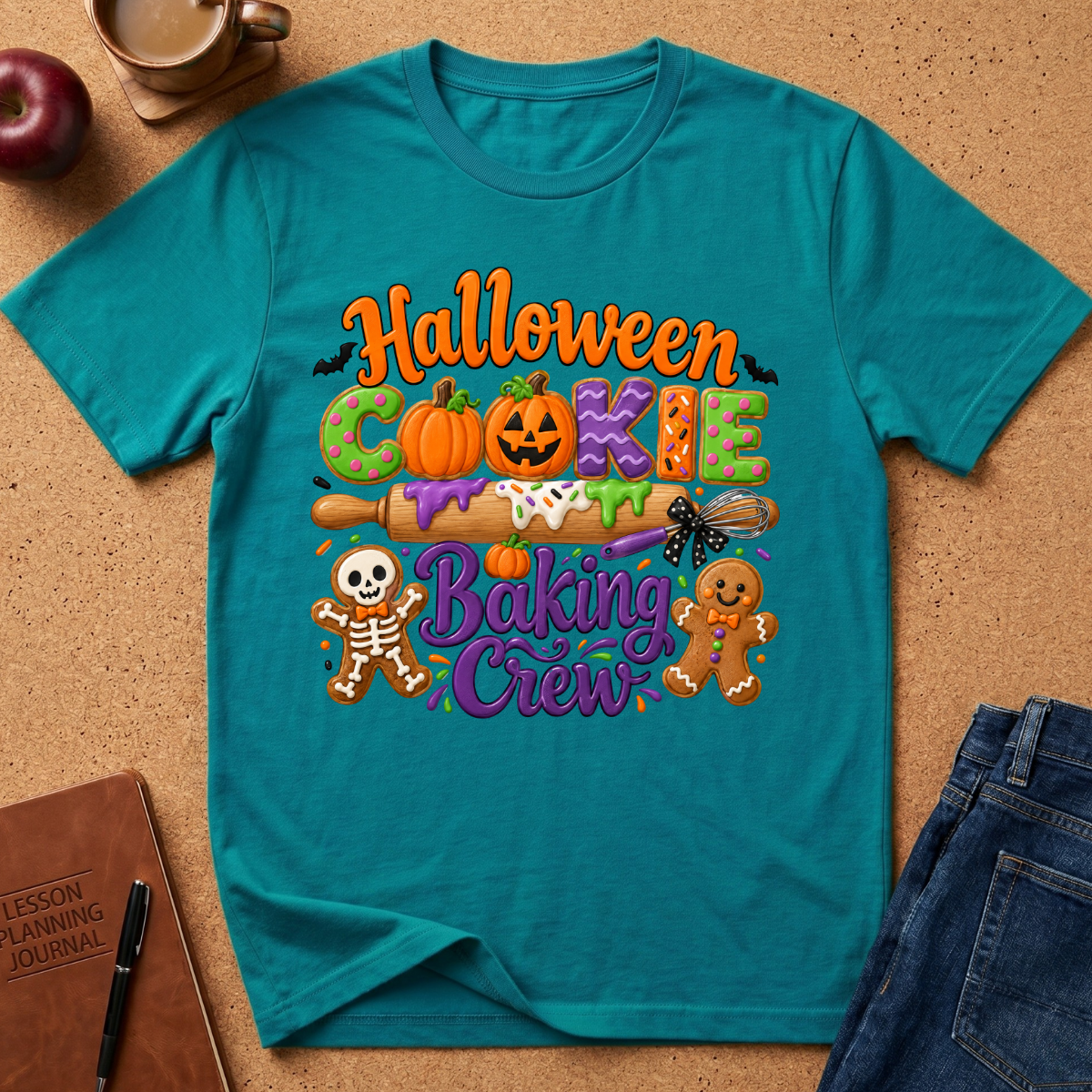 A teal short-sleeve graphic T-shirt laid flat on a cork surface, featuring a colorful Halloween cookie baking design with the text 'Halloween Cookie Baking Crew' and illustrations of a pumpkin, gingerbread men, spider, skeleton, and rolling pin. Styled flat-lay props include an apple, coffee cup, notebook, pen, and jeans around the shirt.