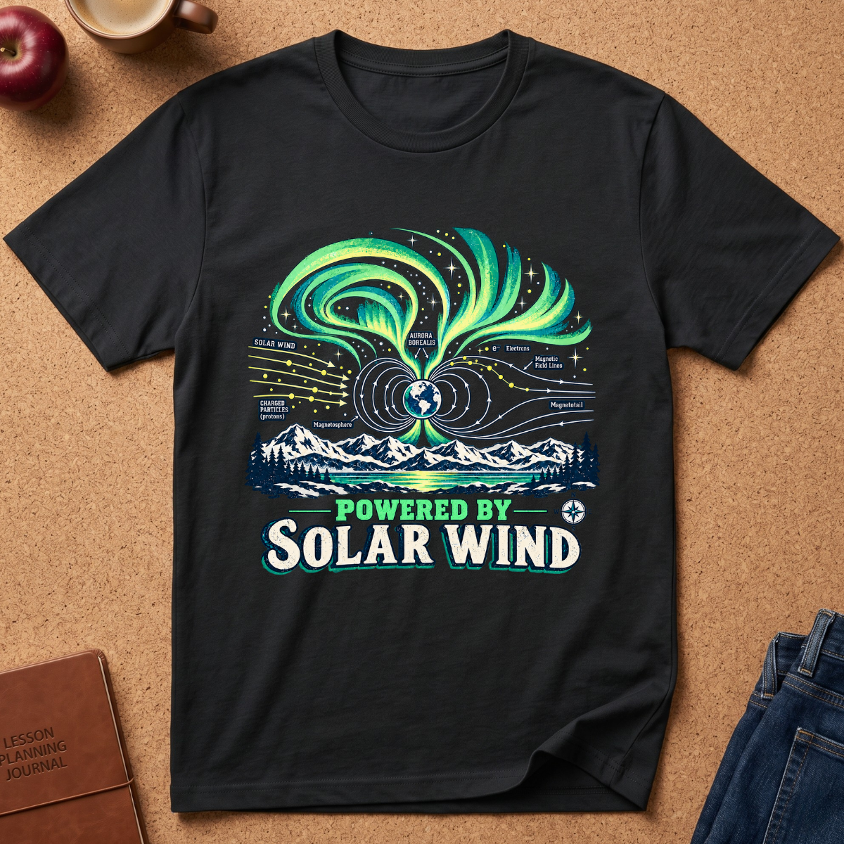 A black short-sleeve graphic T-shirt laid flat on a cork surface, featuring a colorful solar wind illustration with mountains, stars, and the text 'POWERED BY SOLAR WIND.' Partial props around the shirt include an apple, a mug, a journal, and jeans.