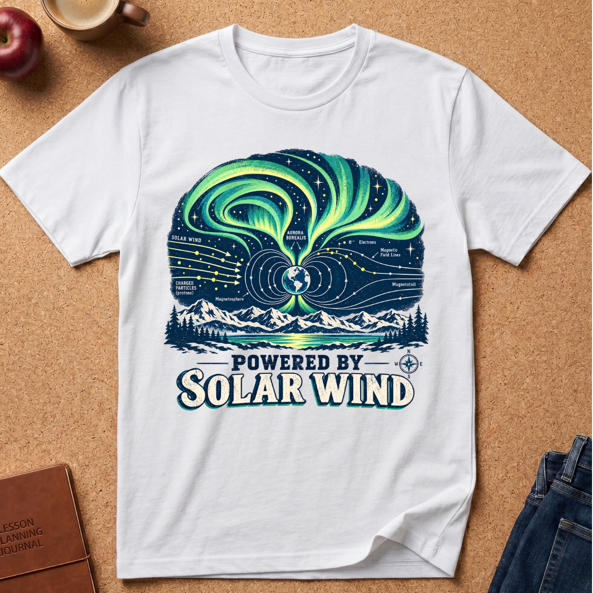 a white graphic t-shirt laid flat on a brown cork board background, styled with an apple, a coffee cup, a journal, and jeans. The t-shirt features a colorful graphic of the aurora borealis over mountains and solar wind diagrams with the text 'POWERED BY SOLAR WIND'.