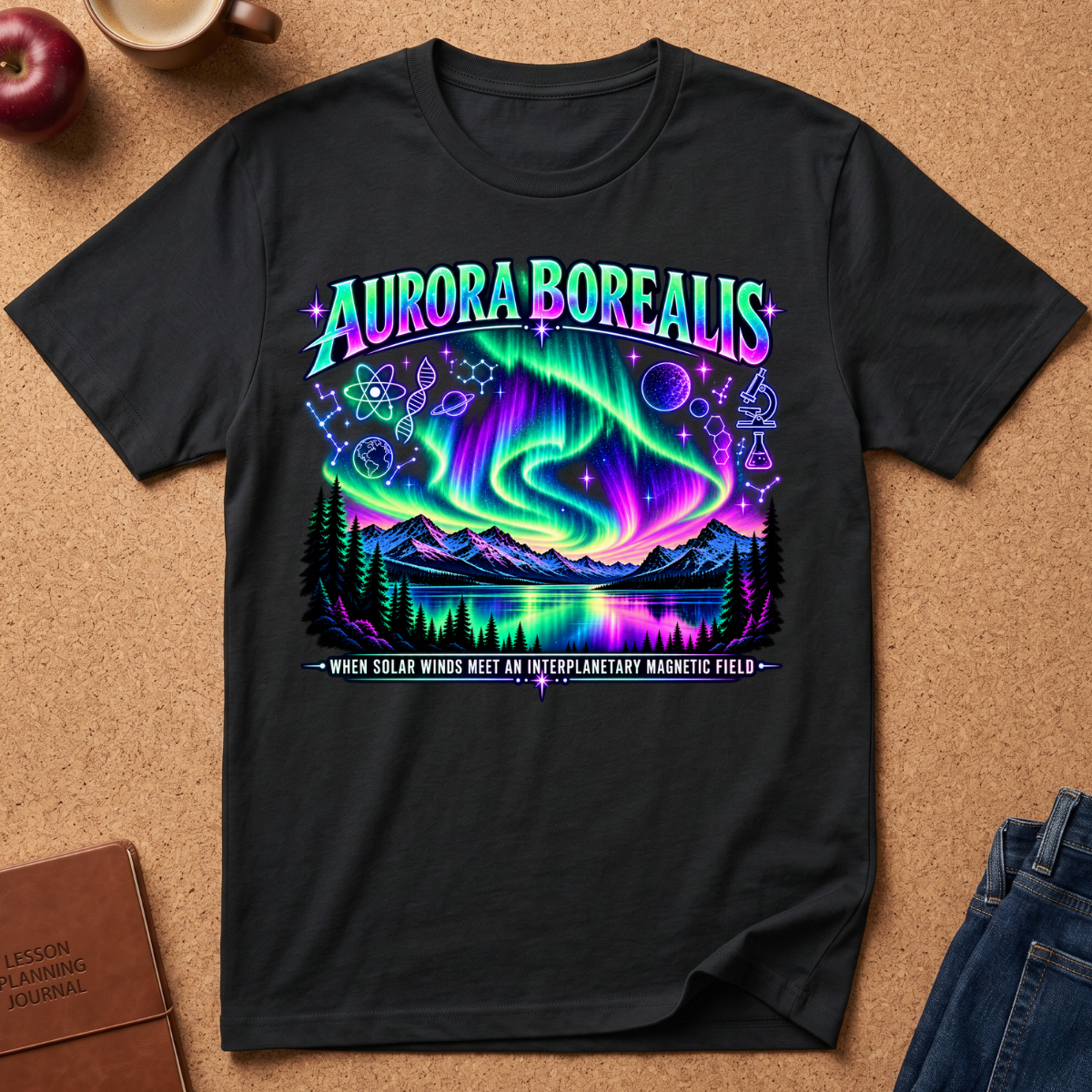 Black tee featuring a graphic of the Aurora Borealis image and text.  subtext says when sola  winds meet interplanetary magnetic fields. 