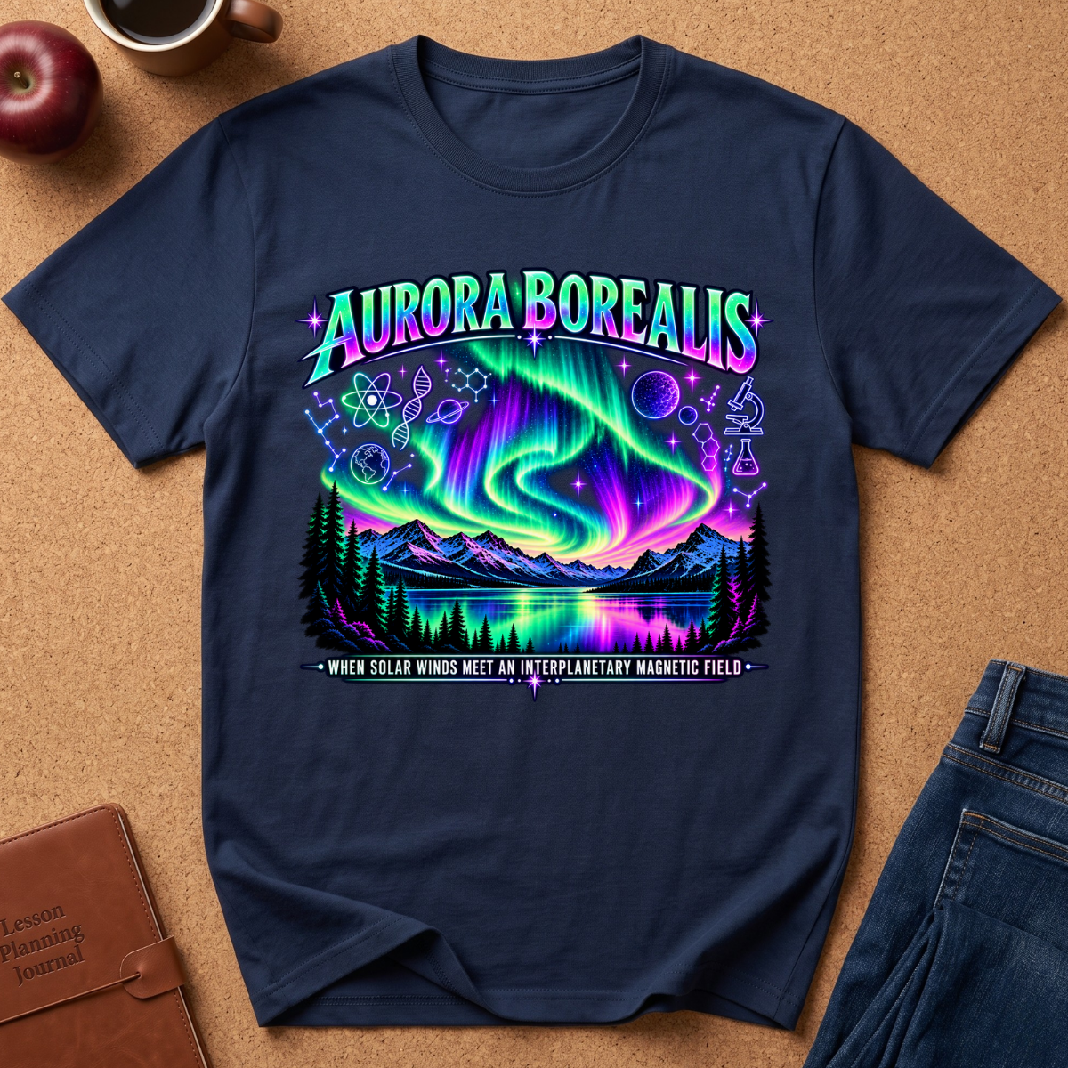 A navy blue graphic t-shirt laid flat on a cork board background, featuring a vibrant neon-style 'Aurora Borealis' design with green, purple, and blue lights over a mountain lake landscape. Styled flat-lay props include an apple, a coffee cup, a brown journal, and blue jeans.