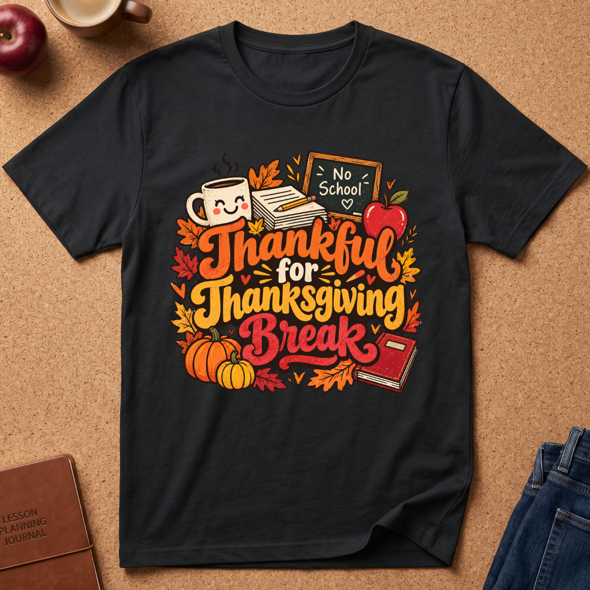 A black short-sleeve graphic T-shirt laid flat on a cork background, featuring autumn-themed text reading 'Thankful for Thanksgiving Break' with leaves, pumpkins, an apple, a mug, and a chalkboard sign. No person or real environment is present in the sense of a lifestyle scene; this is a styled flat-lay product shot.