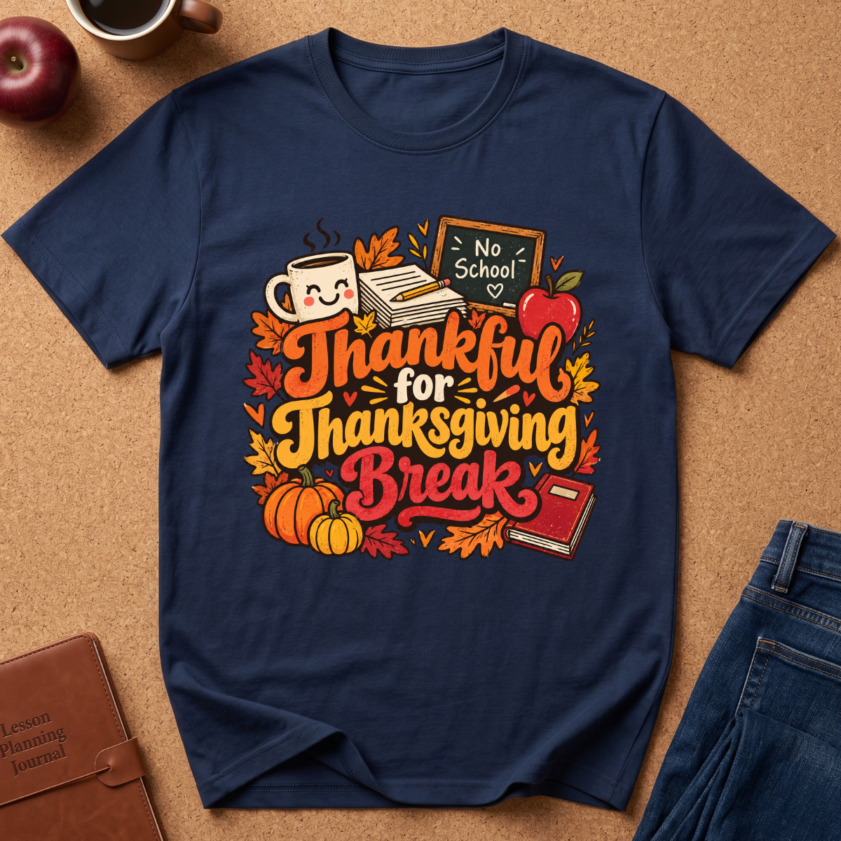 A Navy short-sleeve graphic T-shirt laid flat on a cork background, featuring autumn-themed text reading 'Thankful for Thanksgiving Break' with leaves, pumpkins, an apple, a mug, and a chalkboard sign. No person or real environment is present in the sense of a lifestyle scene; this is a styled flat-lay product shot.