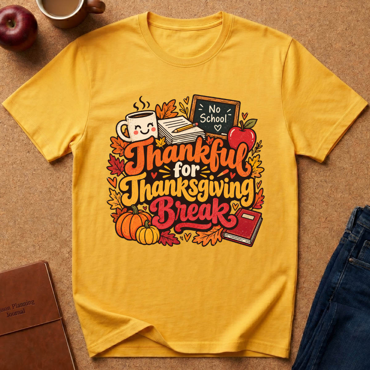A yellow graphic t-shirt laid flat on a cork surface, surrounded by autumn-themed props including a red apple, a coffee mug, a notebook, and blue jeans. The t-shirt features a colorful graphic that reads 'Thankful for Thanksgiving Break' with illustrations of pumpkins, fall leaves, a coffee mug, a book, and a chalkboard.