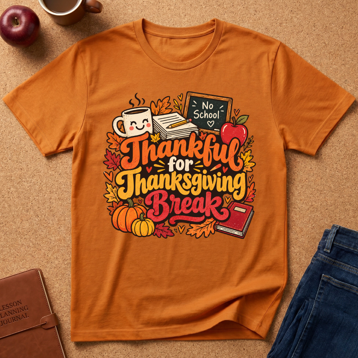 An orange short-sleeve graphic T-shirt laid flat on a tan surface, surrounded by autumn-themed props including a coffee mug, apple, notebook, and jeans. The shirt features a colorful front print reading “Thankful for Thanksgiving Break” with pumpkins, leaves, an apple, books, and a chalkboard that says “No School.