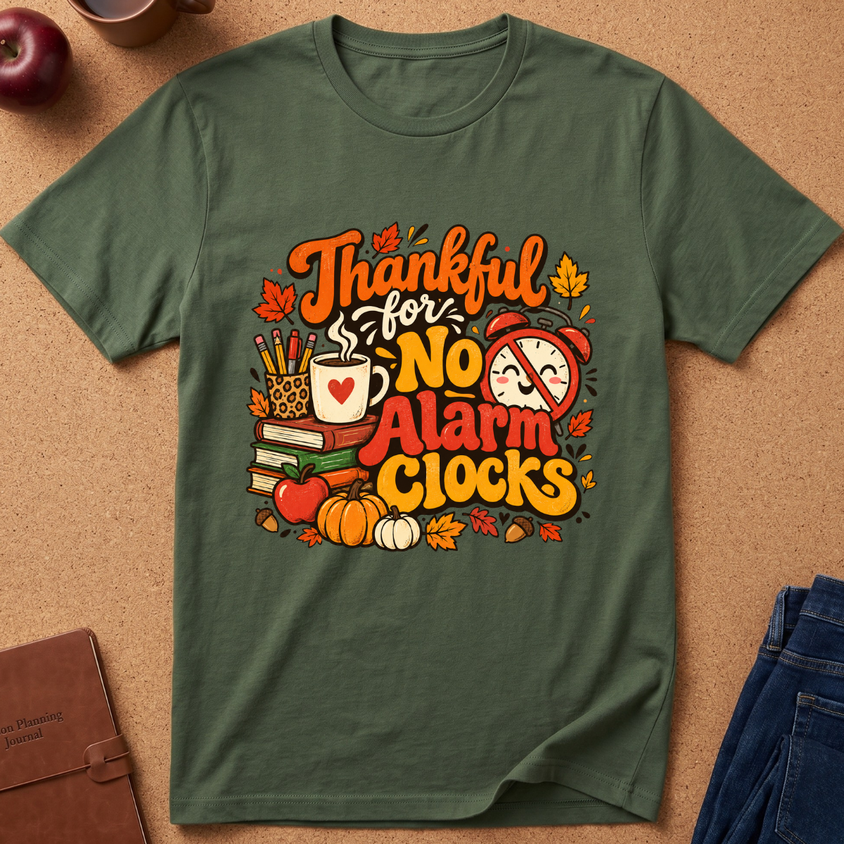 An olive green short-sleeve t-shirt with a colorful autumn-themed graphic reading 'Thankful for No Alarm Clocks' in orange, red, and yellow lettering, surrounded by pumpkins, leaves, a mug, books, and an alarm clock. The shirt is laid flat on a cork background with a notebook, apple, and jeans partially visible.