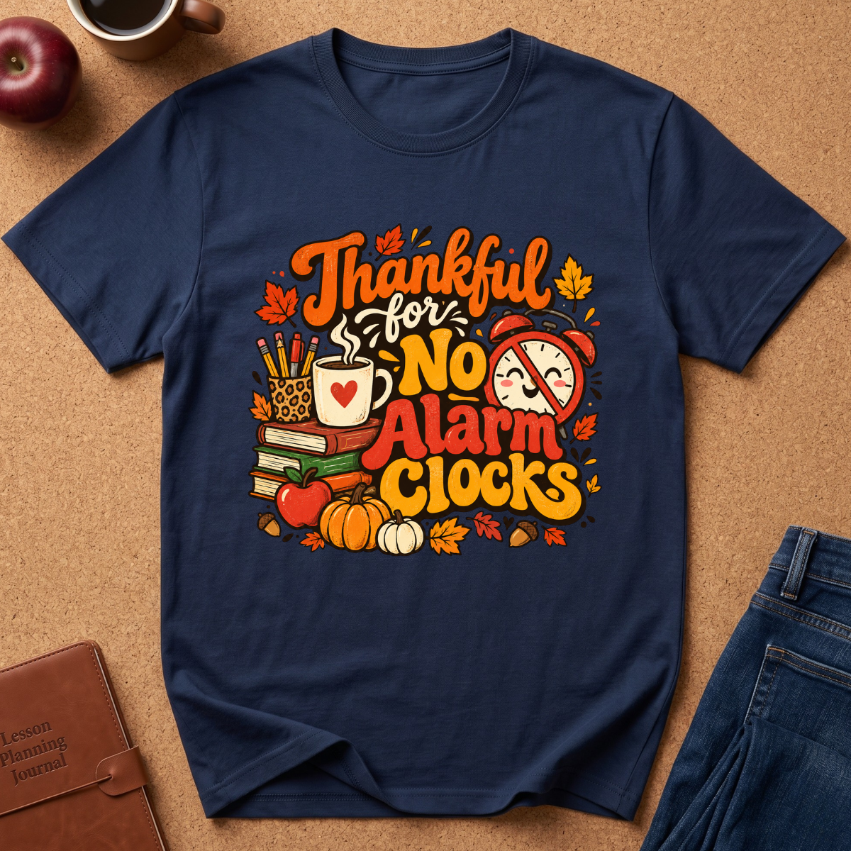A navy blue graphic t-shirt laid flat on a cork board background, featuring a colorful autumn-themed design with the text 'Thankful for No Alarm Clocks' and illustrations of books, a mug, an alarm clock, pumpkins, leaves, and an apple.