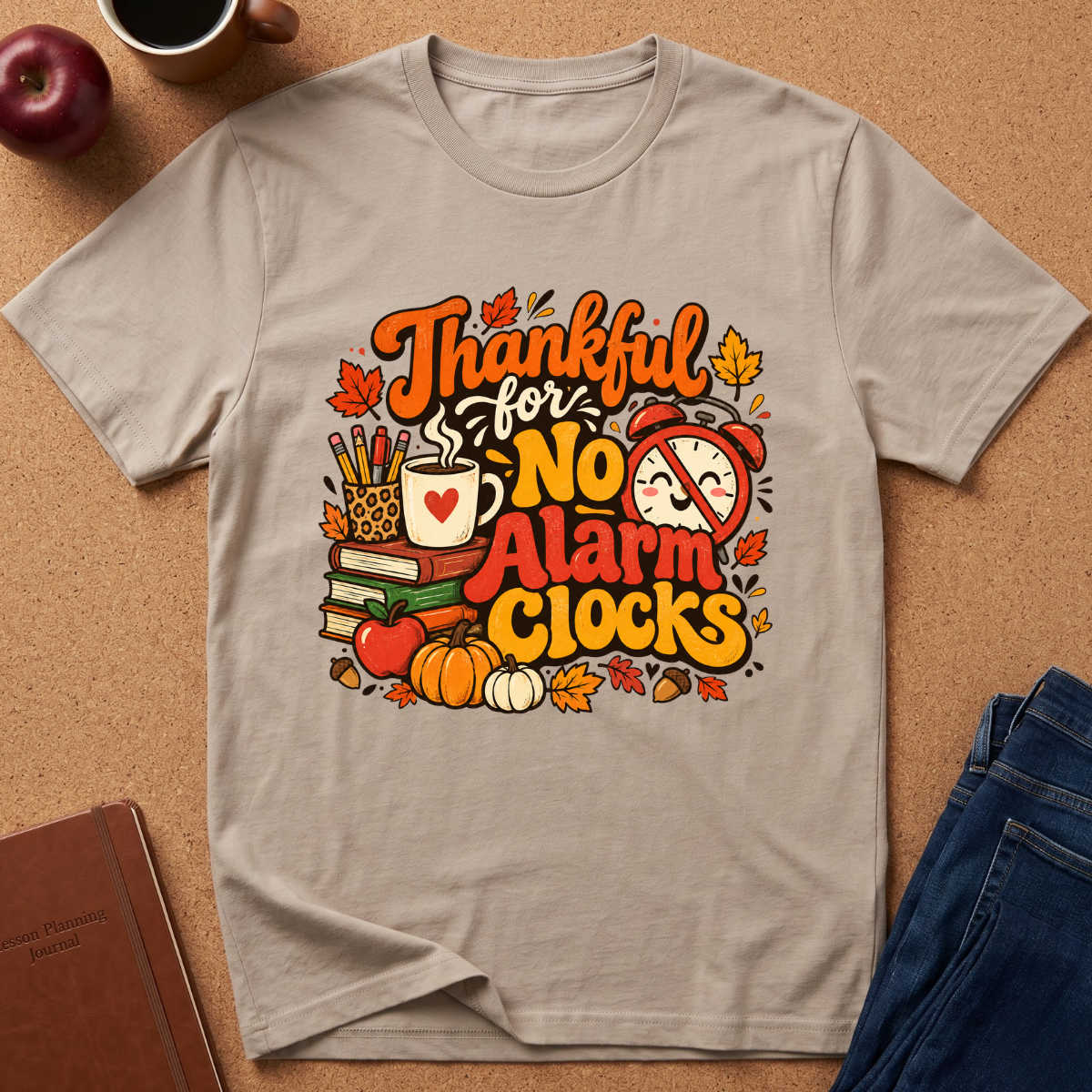 A light beige graphic t-shirt laid flat on a brown cork background, surrounded by autumn-themed props including a red apple, a coffee mug, a notebook, and blue jeans. The shirt features a colorful graphic that reads 'Thankful for No Alarm Clocks' with illustrations of a mug, books, pencils, acorns, pumpkins, and an alarm clock.