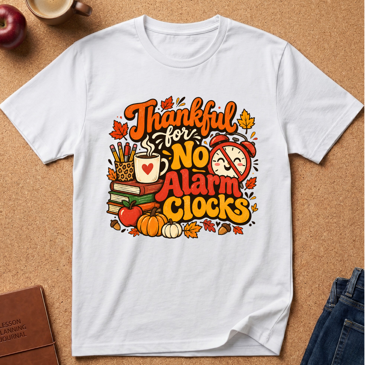 A white short-sleeve crewneck t-shirt laid flat on a cork background, featuring a colorful graphic that reads 'Thankful for No Alarm Clocks' with autumn-themed illustrations including leaves, pumpkins, books, a coffee mug, and an alarm clock.