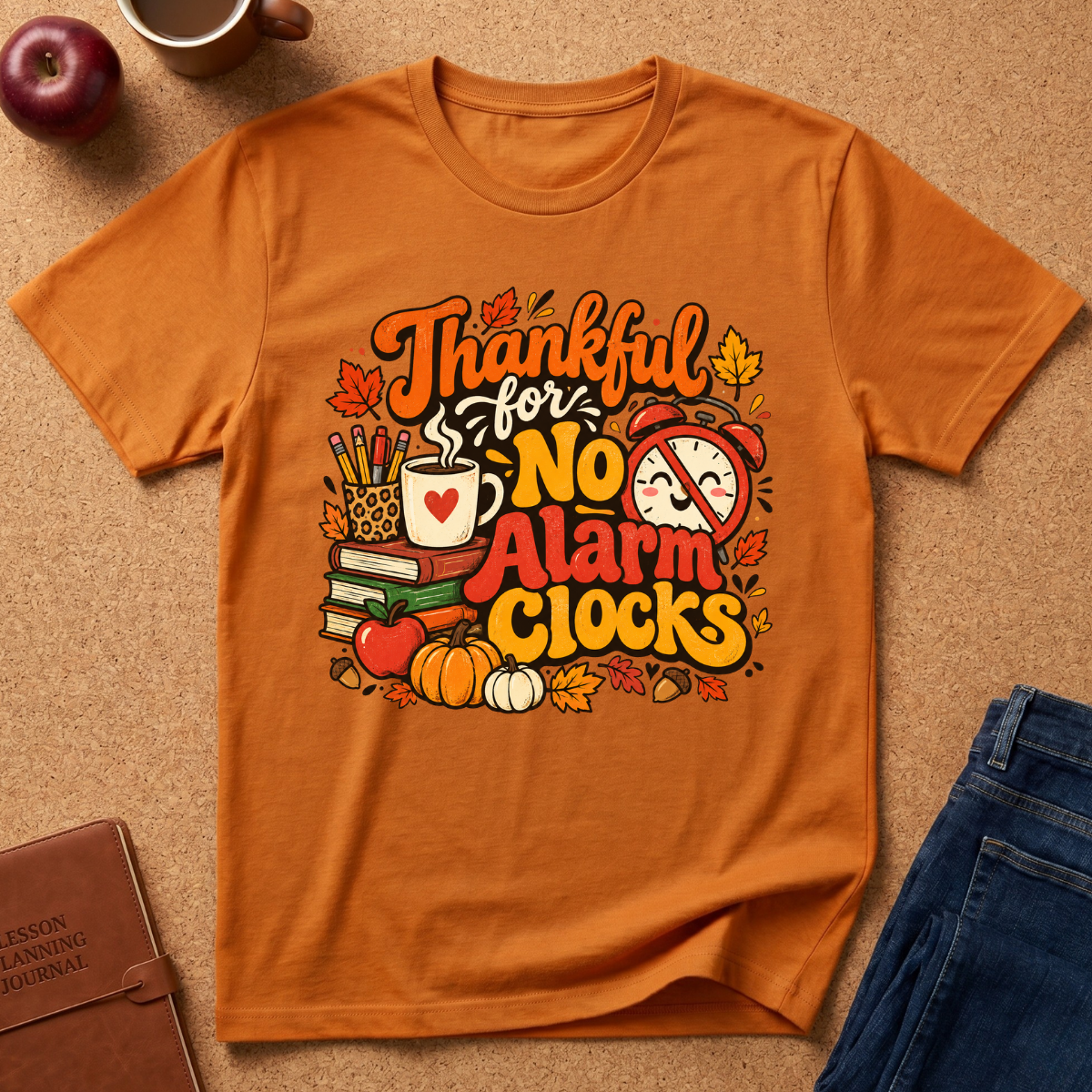An orange short-sleeve graphic T-shirt laid flat on a cork surface, surrounded by autumn-themed props including a notebook, apple, mug, and jeans. The shirt features a colorful printed design with the phrase 'Thankful for No Alarm Clocks' and fall illustrations such as leaves, pumpkins, books, a coffee mug, and an alarm clock.