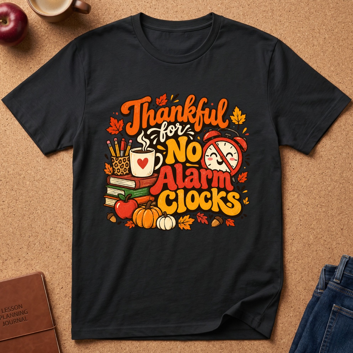 A black short-sleeve graphic T-shirt laid flat on a cork background, featuring the phrase 'Thankful for No Alarm Clocks' in orange and red lettering with autumn leaves, books, a mug, pumpkins, and an alarm clock illustration. Styled flat-lay props include an apple, a coffee cup, a journal, and jeans around the shirt.