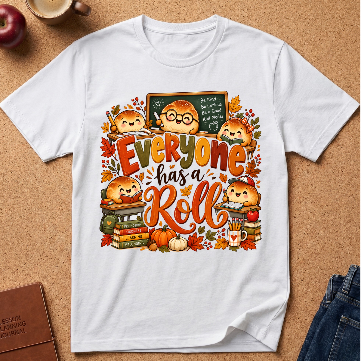 A white short-sleeve crewneck t-shirt laid flat on a cork background, featuring a colorful autumn-themed graphic with cute cartoon buns, fall leaves, pumpkins, books, and the phrase 'Everyone has a Roll'.