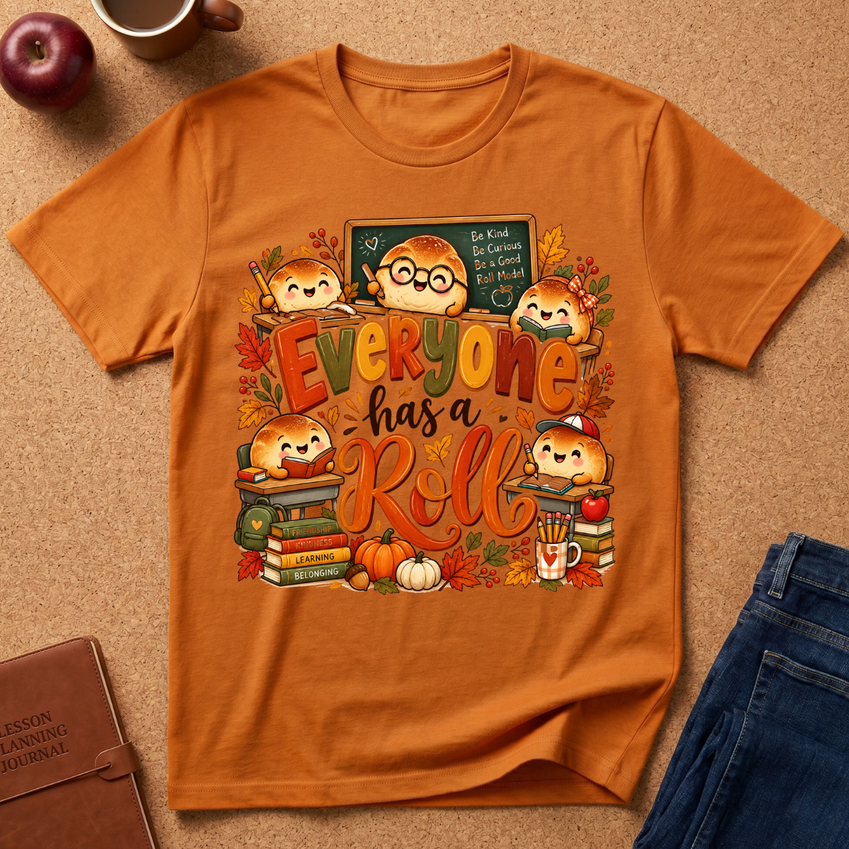 An orange short-sleeve graphic T-shirt laid flat on a cork surface, surrounded by autumn-themed props including an apple, a mug, a notebook, and folded blue jeans. The shirt features a large colorful fall-themed illustration with cartoon animals, books, pumpkins, leaves, and the phrase “Everyone has a Roll.